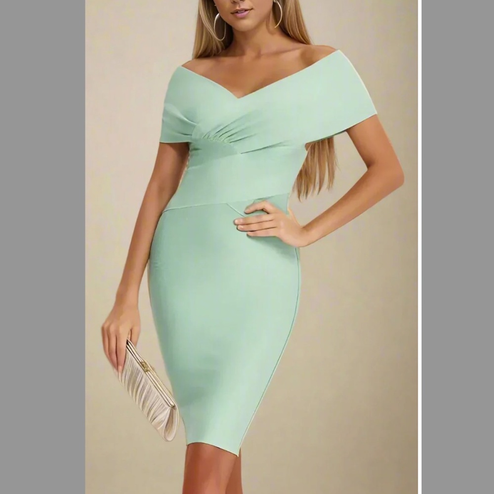 Belle Barnett Bandage Dress off shoulder mint green
